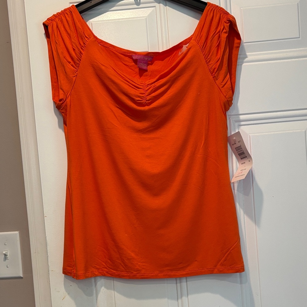 Sunny Leigh Orange Gathered Neck Blouse. Size L.